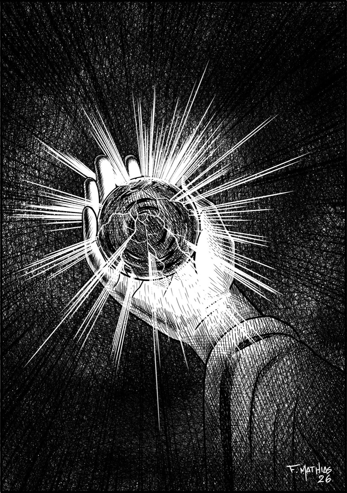 A hand holding a radiant, cracked binding-stone that throws off rays of light