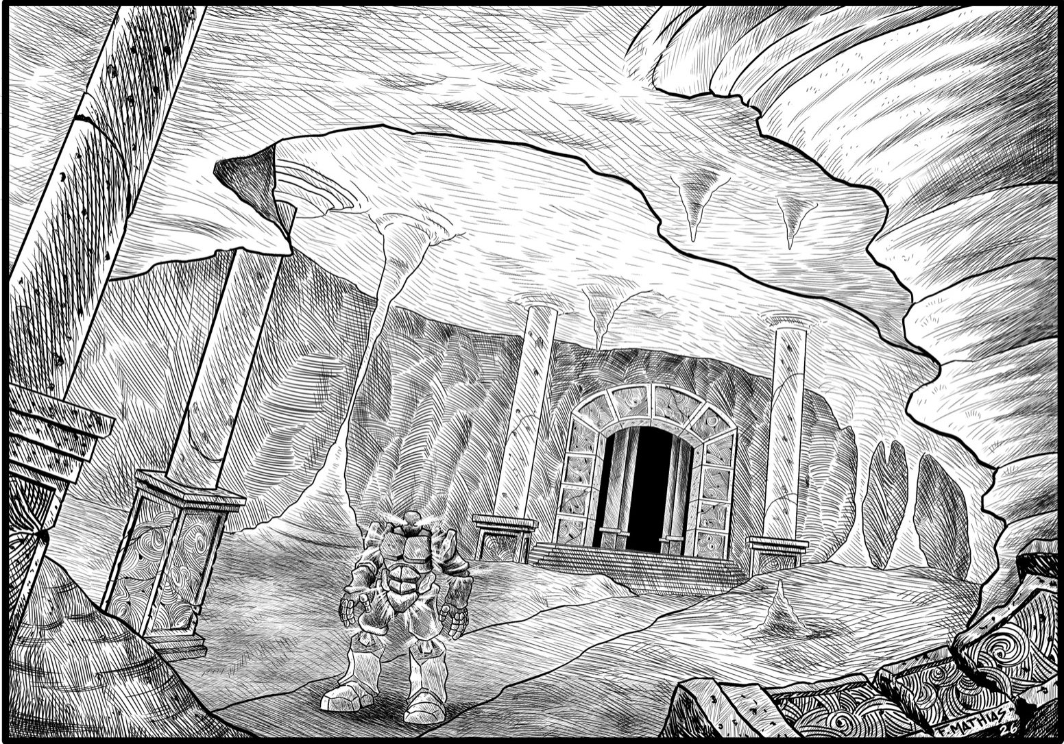 A vast carved hall with a sealed door and a lone stone sentinel