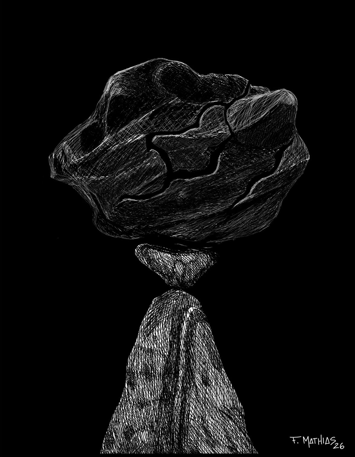 The Heart of Unbinding — a cracked stone form balanced on a plinth, rendered in pen and ink