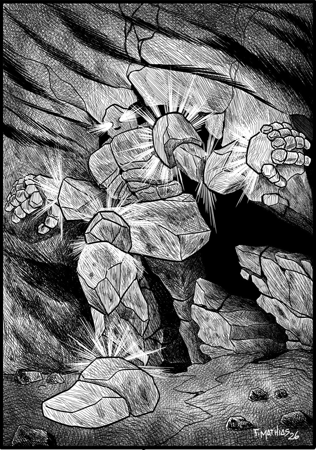 A Pyroductian — a crystalline stone being, light breaking through its cracks