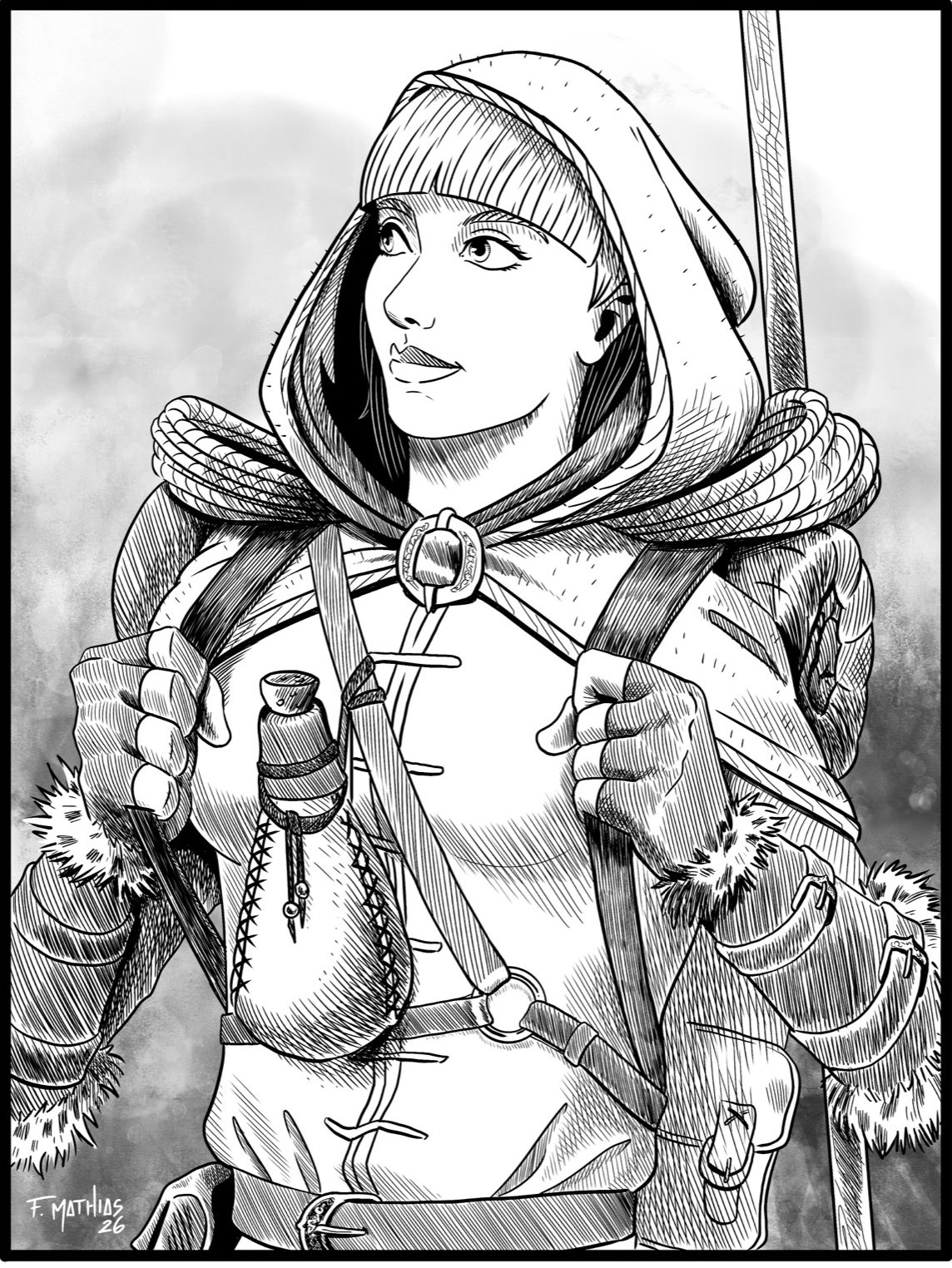 Solen Veth, hooded, with coiled rope and travelling gear