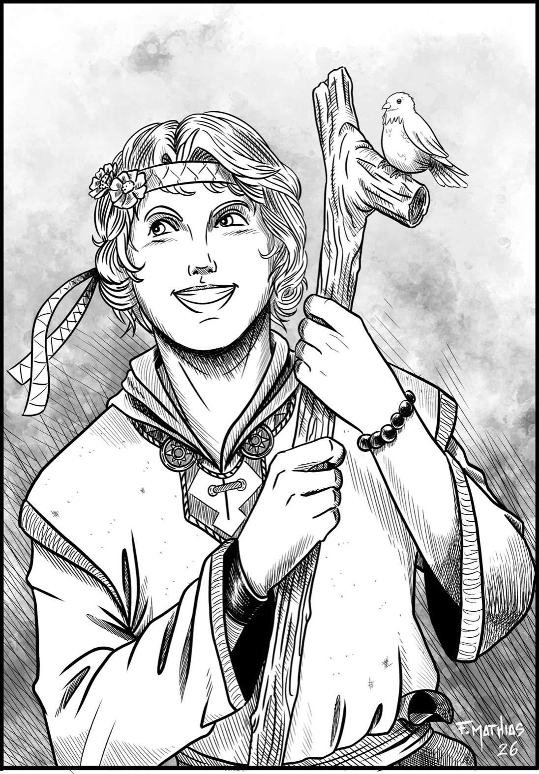 Tender Torren, smiling, a small bird on their staff